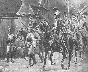 French lancers with
captured Austrian cuirassier,
picture by Lalauze