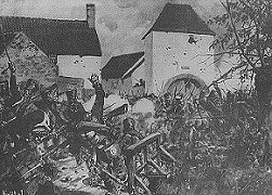 Fight for the bridge at Ligny.
Nearby is the farm of En Bas.  
Picture by Knotel.