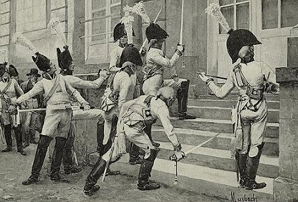 Prussian Guard sharpen swords 
on the steps of the French embassy
in 1806 in Berlin. Picture by Myrbach