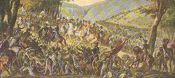 Russian and Austrian troops
enter France in 1814.  
Tsar Alexander in green uniform
and on white horse, followed by
Colonel of Lifeguard Cossacks
(monarch's escort) in red coat.