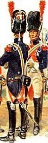 French horse carabiniers in 1809
wearing bearskins and 
dark-blue uniforms.