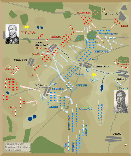 Map of battle of Dennewitz.
Ney's columns attack Prussian center.