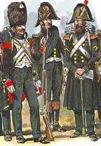 Foot Chasseurs :
chasseur in field dress, 
officer in undress, 
sapper in greatcoat.  
Picture by de Beaufort.