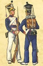 Polish Fusiliers:
left - in sumer dress, 
right - in winter dress.
Picture by Morawski.