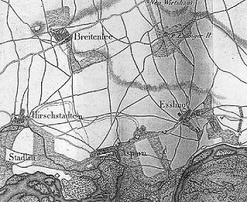 Map: Lobau Island (bottom), 
and villages of Breitenlee, 
Aspern and Essling.