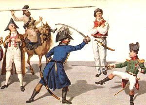 German farmer, mounted Cossack and an Englishman are enjoying a duel between the robust Blucher and little Buonaparte.  By Gotfried Shadow