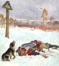 Dead cuirassier during the retreat from Russia, 1812