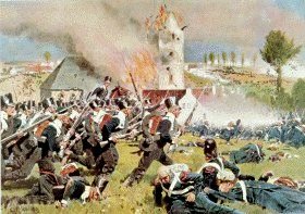 Prussian infantry vs Old Guard at Plancenoit. 
Picture by Rohling.