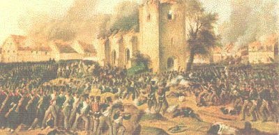Masses of French and Russian infantry 
in burning Probstheida